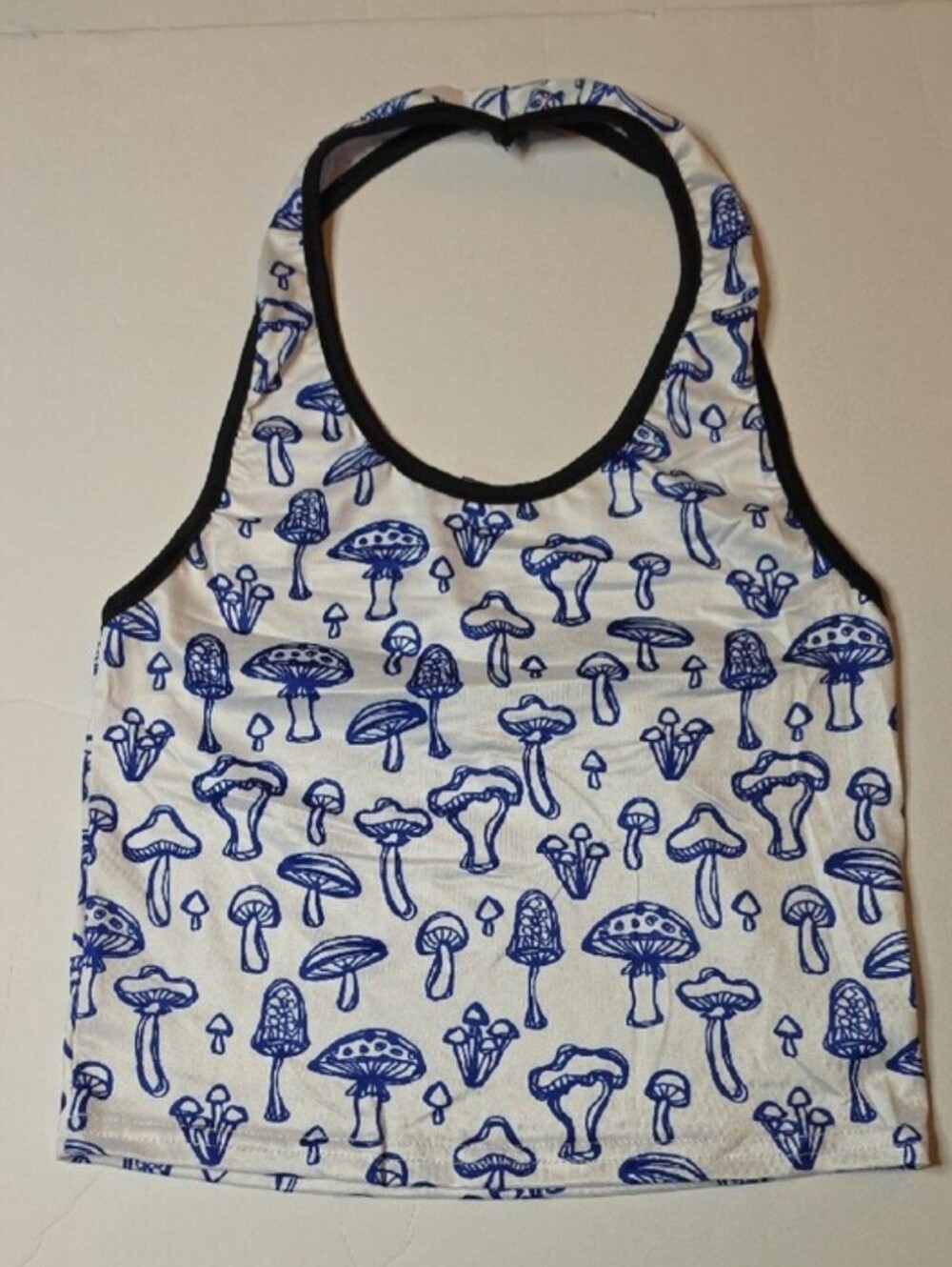 WoWo Blue Mushroom Print Halter Crop Top